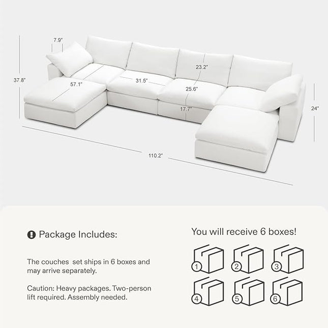 Cloud Couch Oversized Modular Sectional Sofa True Relax Comfy Couches Wide&Deep Seat Sofas for Living Room Metal Frame Furniture Sets, 4 Seater with 2 Ottomans Storage 141.7" Width