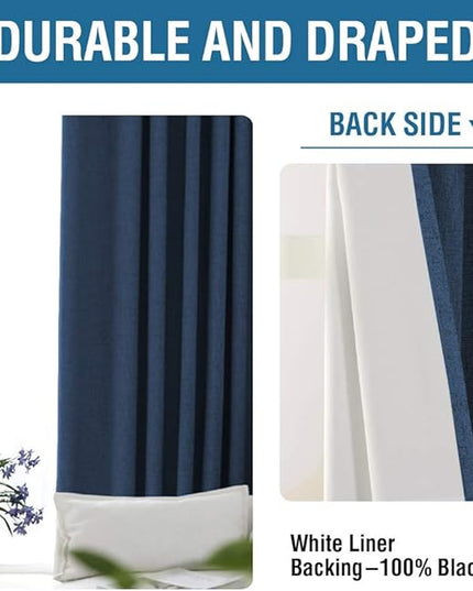 H.VERSAILTEX 100% Blackout Curtains for Bedroom 108 Inches Long Grommet Linen Face Full Light Blocking Curtain Drapes for Living Room Thermal Linen Look Curtains 2 Panels Set, 52" W x 108" L, Navy