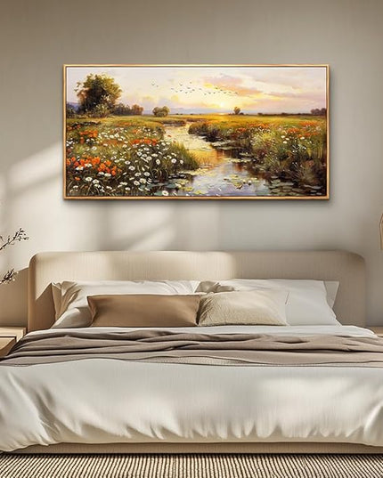 PHAOHUAXM Large Wall Art For Living Room Canvas Wall Decor For Bedroom Watercolour Painting Office Decoration Countryside Sunrise Scenery Wall Picture Ready To Hang Home Decor Wood Framed 20x40 In