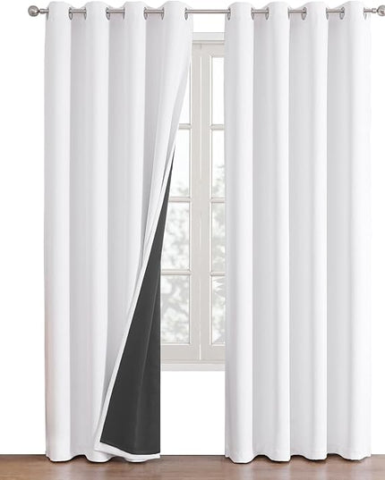 ChrisDowa White 100% Blackout Curtains for Bedroom with Black Liner, 2 Thick Layers Total Blackout Thermal Insulated Grommet Window Curtains 2 Panels Set (Pure White, 52 x 84 Inch)