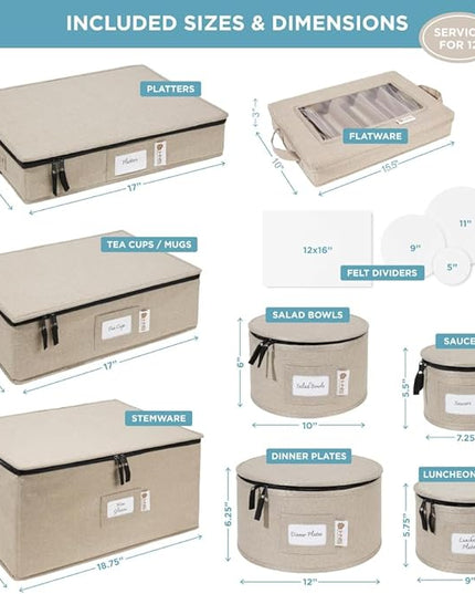 Hard Shell China Storage Containers 8-Piece Set Moving Boxes for Dinnerware, Glasses, Plates, Mugs and Saucers Sturdy Dish Organizer with Dividers for Seasonal Storage - Service for 12 - Brown