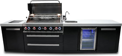 Mont Alpi MAi805-BSSBEV 6-Burner 115000 BTU Black Stainless Steel Island Outdoor Kitchen Gas Barbecue Grill with Beverage Center - Granite Countertops + Storage Drawers and Cabinets + Faucet & Sink
