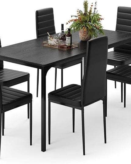 Gizoon Dining Table Set for 6, Kitchen Table Chairs Set of 6, 7 Piece Kitchen Table Set with 6 Upholstered PU Leather Chairs for Dining Room, Living Room, Apartment, Small Space, Black
