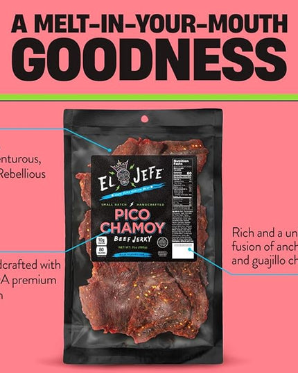 El Jefe Pico Chamoy Beef Jerky - Hand Crafted Small Batch Mexican Style Hispanic Slab Jerky - Bold & Authentic Flavor for Snacking and Entertaining! - 7oz