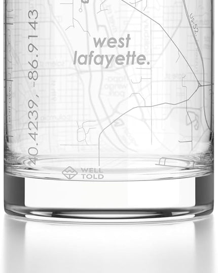 Well Told Engraved West Lafayette Indiana Map Rocks Glass, Old Fashioned Glassware (11 oz, Clear) Etched Bourbon Tumbler, Gifts For Whiskey Lovers