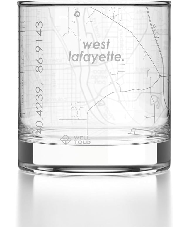 Well Told Engraved West Lafayette Indiana Map Rocks Glass, Old Fashioned Glassware (11 oz, Clear) Etched Bourbon Tumbler, Gifts For Whiskey Lovers