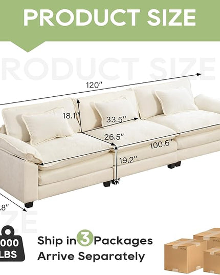 120" Modular Sectional Sofa, Comfy Cloud Couch Sectional Sofa, Chenille Sofa Sleeper Deep Seat Sofa with Throw Pillows for Living Room (Beige White, 120"- 3 Seater)