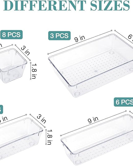 25 PCS Drawer Organizer Set, 4 Varied Size Bathroom and kitchen Drawer cabinet organizer Trays, Clear Storage Bins for Makeup, Jewelry, Utensils and Gadgets