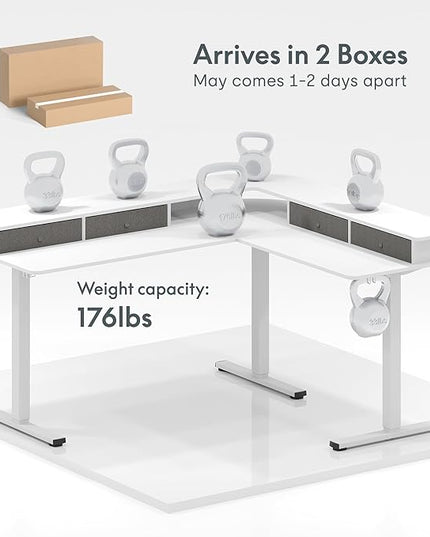 FLEXISPOT 63" L Shaped Standing Desk with Shelf Electric Corner Table, Drawers, Adjustable Computer Workstation for Home, Office,63x55in, White Top + White Frame