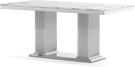 HomVent 68.11'' Rectangle Dining Table Set for 6, Modern Faux Marble Table with Stainless Steel Base (Silver with 6 Beige Chairs, 7 Pieces)