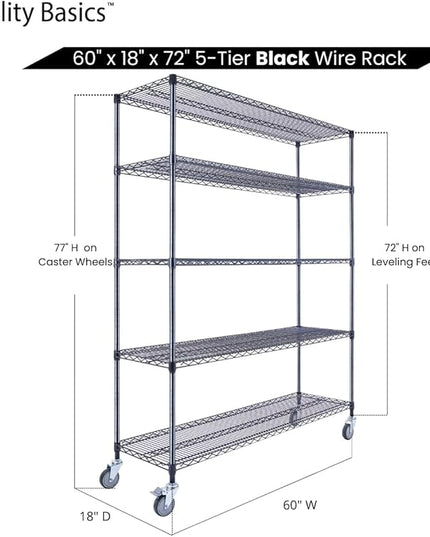 NSF Commercial 5-Tier Wire Shelving with Wheels, 60"x18"x72" Heavy Duty Metal Shelves 4000 lbs Max Capacity, Black Storage Rack for Garage Kitchen Pantry Warehouse