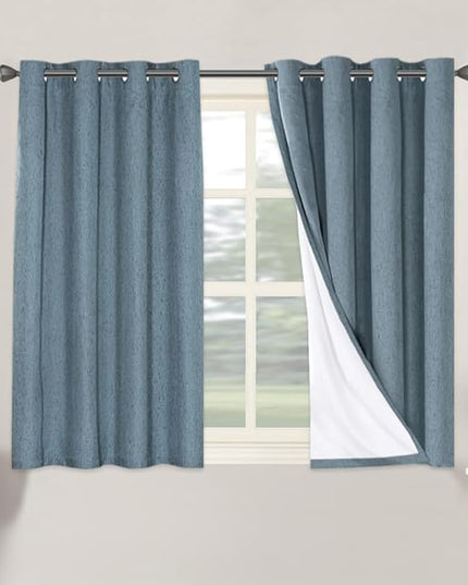 H.VERSAILTEX Linen Blackout Curtains 45 Inches Long 100% Blackout Thermal Insulated Textured Linen Look Curtain Draperies Anti-Rust Grommet, Energy Saving with White Liner, 2 Panels, Stone Blue