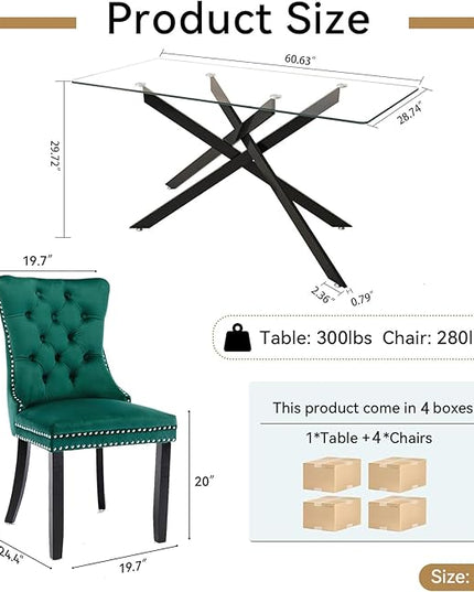 Modern 5-Piece Glass Dining Table Set for 4, Modern 60" Rectangle Black Glass Dining Room Table Set with Green Velvet Tufted Chairs Wood Legs for Kitchen Dining Room