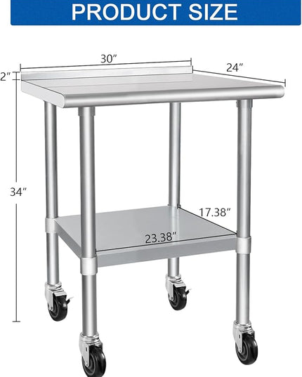 HARDURA Stainless Steel Table 24 x 30 Inches with Wheels Casters NSF Heavy Duty Commercial Prep Table with 2” Backsplash and Adjustable Undershelf for Restaurant Kitchen Home and Hotel