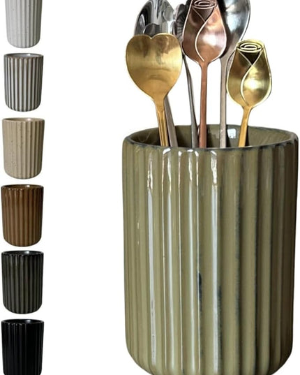 Stoneware Coffee Bar Utensil Holder Tea & Coffee Spoon & Stirrer Holder for Stir Stick Straw Teaspoon Holder Spoon Cup Small Utensil Jar Fluted Vertical Stripe (Retro Green)