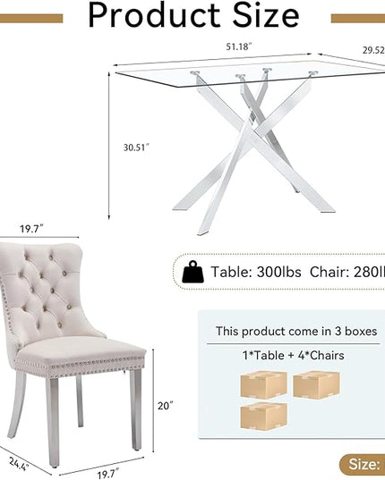 51" Glass Dining Table Set for 4, Modern Dining Room Table Set for 4, Silver X-Shape Pedestal Glass Table with 4pcs Beige Dining Chairs, 5 Piece Dining Set for Dining Living Room