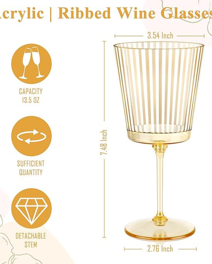 24 PCS Gold Ribbed Plastic Wine Glasses 13.5 OZ Ribbed Wine Glasses Detachable Wine Glass Elegant Fluted Glassware Vintage Style for Wedding Anniversary Birthday Dinner Parties