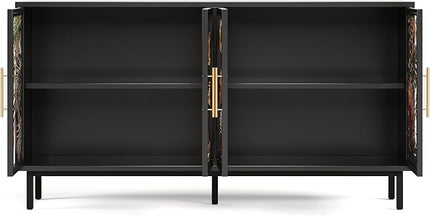 GDFStudio 60.3" Retro Buffet Sideboard Cabinet with 4 Glass Doors, Modern Glazed Painting Art Storage Cabinet Console Table, Artistic Tropical Glass Credenza Buffet for Living Room Dining Room, Black