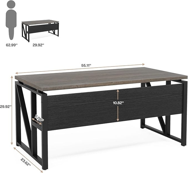 Tribesigns 55 inches Computer Desk with Bottom Storage Shelf Home Office Desk Writing Table for Workstation,Dark Walnut + Steel Leg， Cabinet not Included (Grey, 55-inch -with Shelf)