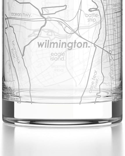 Well Told Engraved Wilmington North Carolina Map Rocks Glass, Old Fashioned Glassware (11 oz, Clear) Etched Bourbon Tumbler, Gifts For Whiskey Lovers