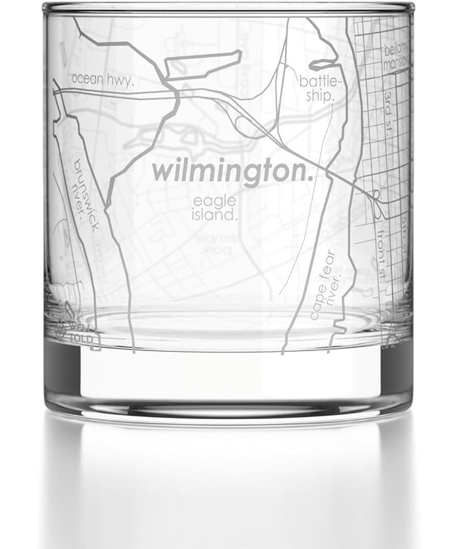 Well Told Engraved Wilmington North Carolina Map Rocks Glass, Old Fashioned Glassware (11 oz, Clear) Etched Bourbon Tumbler, Gifts For Whiskey Lovers