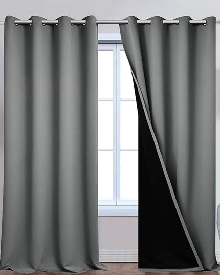 Yakamok Gray 100% Blackout Curtains Energy Saving Thermal Insulated 2 Thick Layers Completely Blackout Drapes with Black Liner for Bedroom (52Wx108L, Grey, 2 Panels)