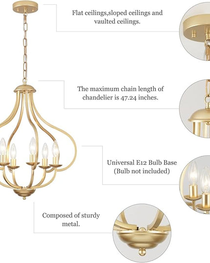 18‘’ Antique Gold Farmhouse Chandelier, 6 Light Dining Room Light Fixtures Modern Industrial Candle Pendant Lights Kitchen Island, Bedroom, Foyer, Living Room, Entryway