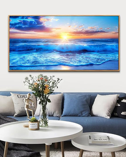 Wapluam Wood Framed Canvas Wall Painting - Large Wall Art For Living Room, Bedroom, Office Decor - Blue Sea Wave Pictures - Modern Beach Seascape Posters