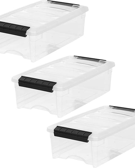 IRIS USA 6 Quart Stackable Plastic Storage Bins with Lids, 3 Pack - BPA-Free, Made in USA - See-Through Organizing Solution, Latches, Durable Nestable Containers, Secure Pull Handle - Clear/Black