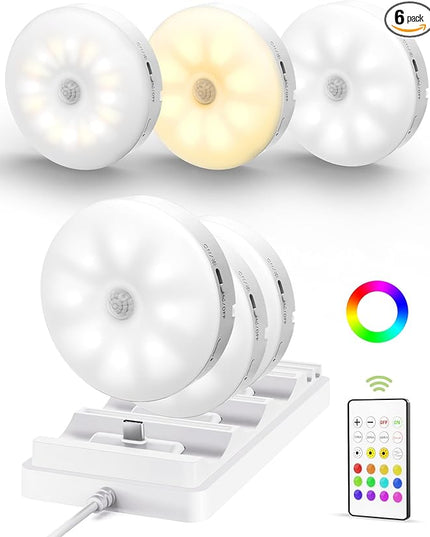 EZVALO Under Cabinet Lighting with Charging Station,1000mAh Rechargeable Puck Lights with Remote, 3 Color Temps & 12 RGB Closet Lights, Dimmable Motion Sensor Lights for Shelf, Kitchen (6 Packs)