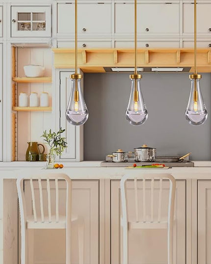 Modern Raindrop Pendant Lights, Pendant Lights for Kitchen Island, Brass Rod Dining Room Light Fixture， Clear Solid Raindrop Chandelier, Chandelier for Living Room Hallway, Including Bulb