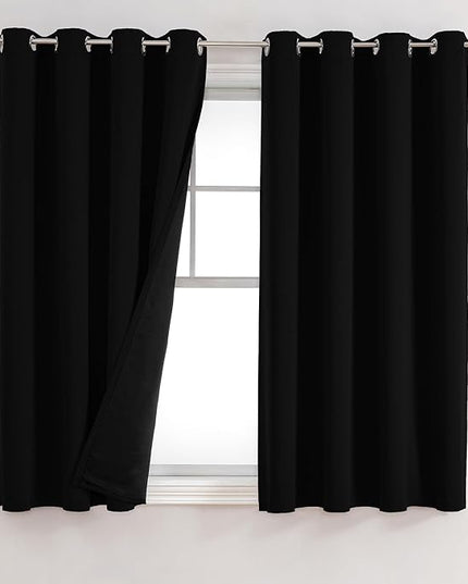 ChrisDowa 100% Blackout Curtains for Bedroom with Black Liner, 2 Thick Layers Total Blackout Thermal Insulated Grommet Window Curtains 2 Panels Set (Black, 52 x 54 Inch)