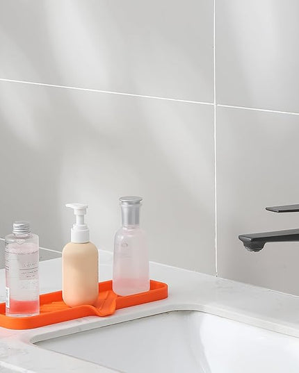 Silicone Bathroom Soap Dishes with Drain Spout-Bathroom and Kitchen Sink Organizer,Sponge Holder,Dish Soap Tray,Perfect for Dispenser,Scrubber,Bottle,Cup on Sink or Counter-Orange 12"×4"