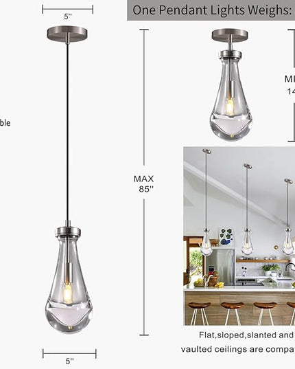Raindrop Pendant Lights Set of 3, Modern Pendant Lights Kitchen Island 3 Pack, Brushed Nickel Island Light, Pendant Light for Bedroom Bathroom, Chandelier for Living Room Hallway