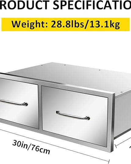 Outdoor Kitchen Drawers 30" W x 10" H x 20" D Flush Mount Horizontal Double Drawers with Chrome Handle,Stainless Steel Built-in BBQ Drawer for Outdoor Kitchen Island, Patio Grill Station