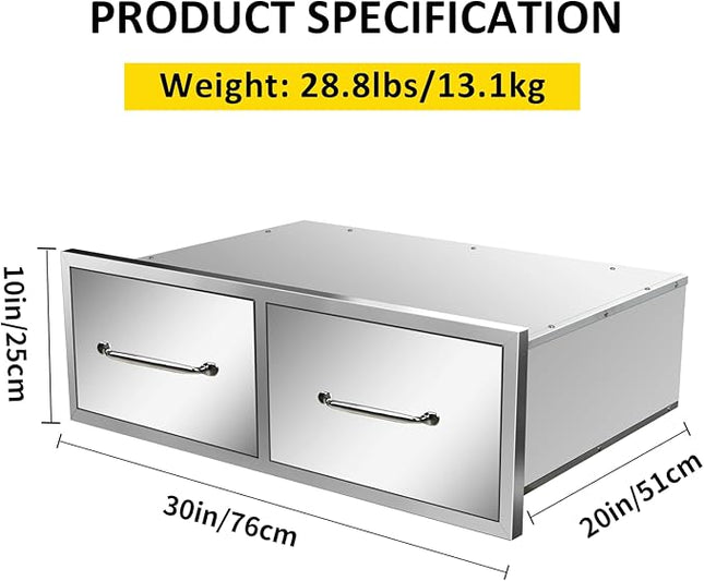 Outdoor Kitchen Drawers 30" W x 10" H x 20" D Flush Mount Horizontal Double Drawers with Chrome Handle,Stainless Steel Built-in BBQ Drawer for Outdoor Kitchen Island, Patio Grill Station
