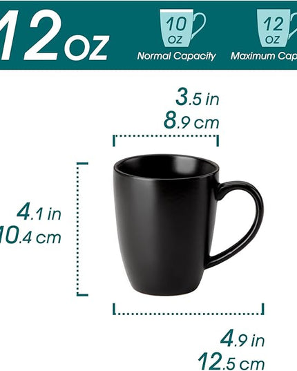 vancasso PLAYA Ceramic Coffee Mug Set of 6, 12 Oz Tea Cups with Handle for Latte, Tea, Cappuccino, Milk, Cocoa, Microwave&Dishwasher Safe, Black