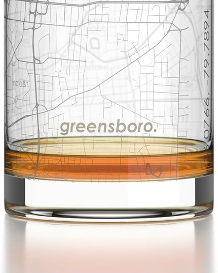 Well Told Engraved Greensboro North Carolina Map Rocks Glass, Old Fashioned Glassware (11 oz, Clear) Etched Bourbon Tumbler, Gifts For Whiskey Lovers