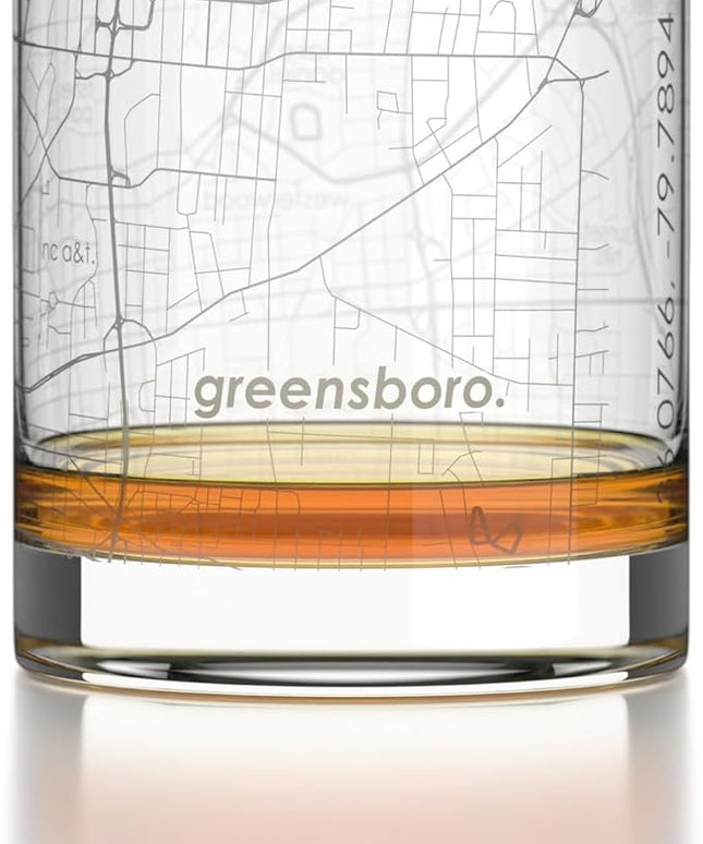 Well Told Engraved Greensboro North Carolina Map Rocks Glass, Old Fashioned Glassware (11 oz, Clear) Etched Bourbon Tumbler, Gifts For Whiskey Lovers