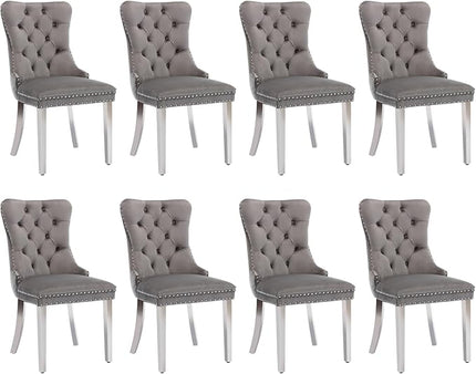 SoarFlash Velvet Dining Chair Set of 8, Upholstered Tufted Dining Room Chair with Nailhead Trim and Solid Silver Plated Leg for Kitchen (Grey)
