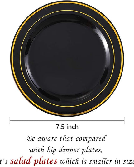 bUCLA 100 Pieces Black and Gold Plastic Dessert Plates - 7.5inch Disposable Salad/Appetizer Plates - Ideal for Party, Graduation & New Year
