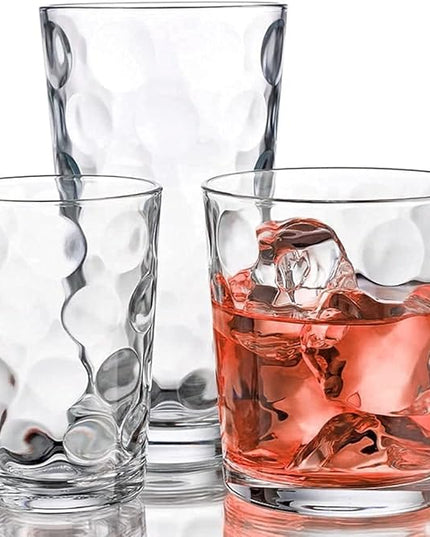 Home Essentials & Beyond Glassware Set 18 Piece Mixed Drinkware Set. 6 Highball Tumblers-17 oz., 6 Rock Whiskey-13 oz., and 6 Juice-7 oz. All Size Glass Cups Drinking Glasses. (Design on Inner Glass)