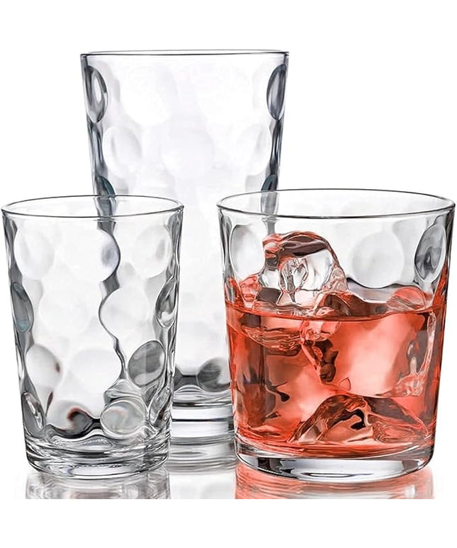 Home Essentials & Beyond Glassware Set 18 Piece Mixed Drinkware Set. 6 Highball Tumblers-17 oz., 6 Rock Whiskey-13 oz., and 6 Juice-7 oz. All Size Glass Cups Drinking Glasses. (Design on Inner Glass)