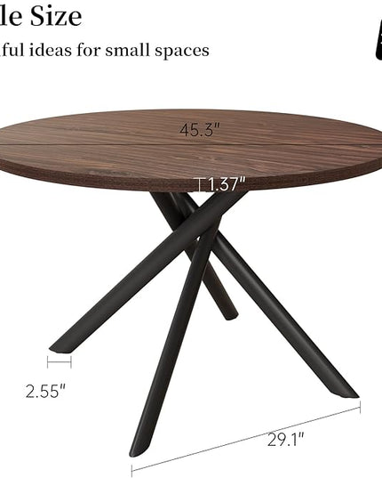 45.3 Inch Modern Round Dining Table for 4, Space-Saving Dinette with Carbon Steel Legs for Home Kitchen Apartment(Dark Walnut Table)