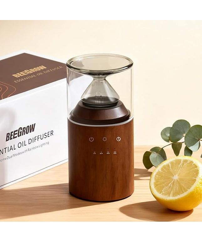 Waterless Essential Oil Nebulizing Portable Wireless Diffuser, Premium Glass and Solid Wood Aroma Diffuser for Home Office Bedroom Car, Elegant Gift Packaging with Essential Oil 10ml (Lemon)