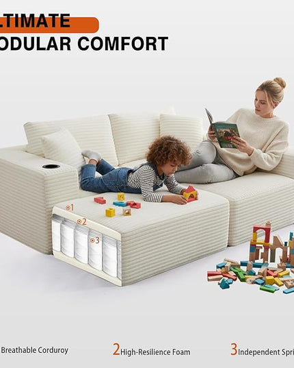 110" Boneless Couch in A Box, Corduroy Cloud Couch Sectional Couches for Living Room, Convertible L Shaped Modular Sectional Sofa Set with Deep Seat, No Assembly Required(3 Seat+ 1 Ottoman,Beige)