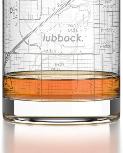 Well Told Engraved Lubbock Texas Map Rocks Glass, Old Fashioned Glassware (11 oz, Clear) Etched Bourbon Tumbler, Gifts For Whiskey Lovers