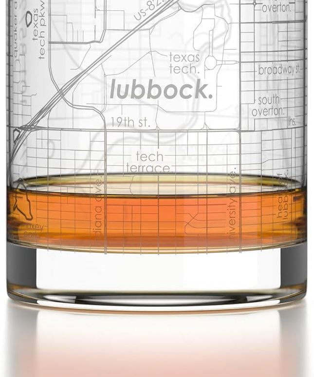 Well Told Engraved Lubbock Texas Map Rocks Glass, Old Fashioned Glassware (11 oz, Clear) Etched Bourbon Tumbler, Gifts For Whiskey Lovers