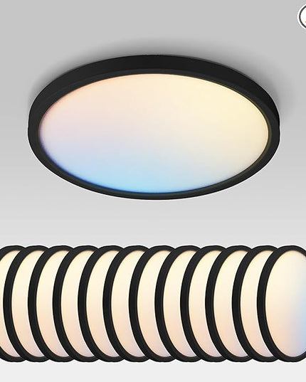 ASD LED 9" Round Flush Mount Ceiling Light Fixture, Low Profile Surface Lighting | 5CCT, Dimmable, Ultra-Thin, ETL Listed | 18W 1660LM 2700-6000K 120V | Kitchen, Bedroom, Hallway Lamp | Black, 12 Pack