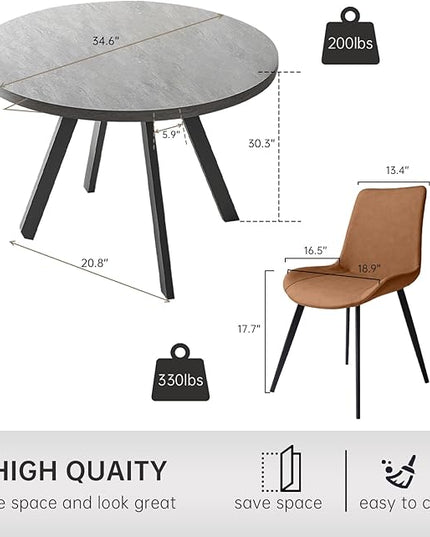 34.6'' Round Dining Table and Chairs for 2, Space Saving Modern Casual Coffee Table Set for Apartment Kitchen Dining Room (Grey Table+2 Brown Chairs)